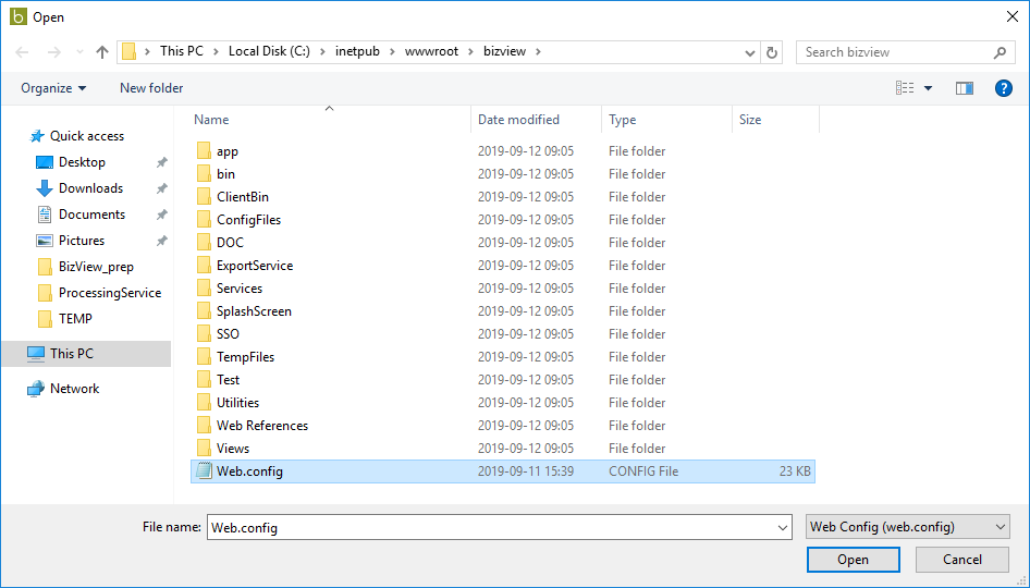 manually-opening-the-web-application-configuration-file-bizview